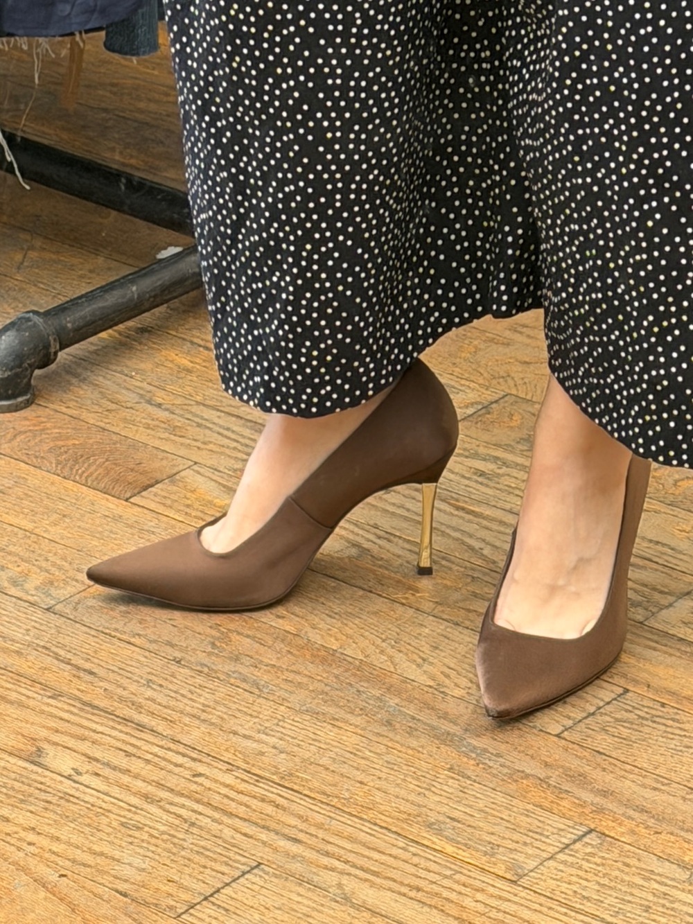 Women’s Brown Pointed Toe Stiletto Pumps with Gold Heel